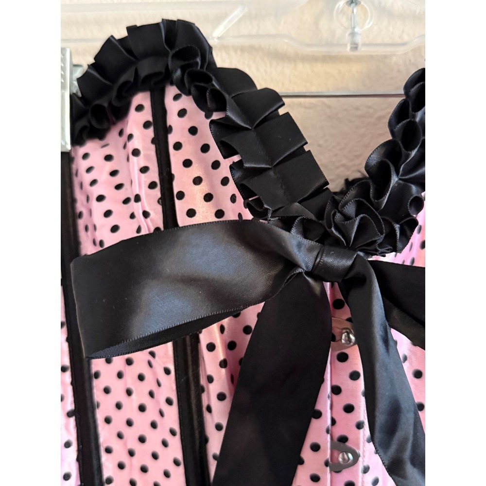 Lovesick Pink Black Polka Dot Ruffle Corset Top Satin Bow Lace Up Back Small - Picture 4 of 8